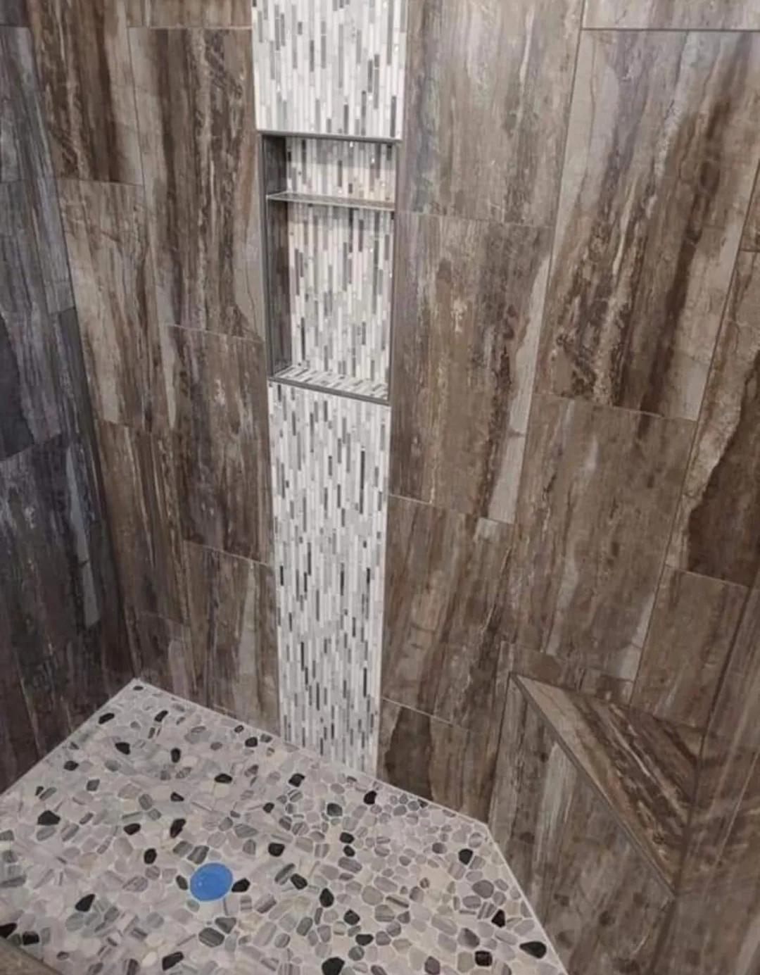 Built in shower niche with custom tile inlay, Tampa Bay shower remodel (project 2)